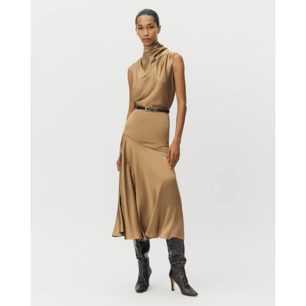 Adam Lippes Tess Skirt in Silk Charmeuse, Khaki