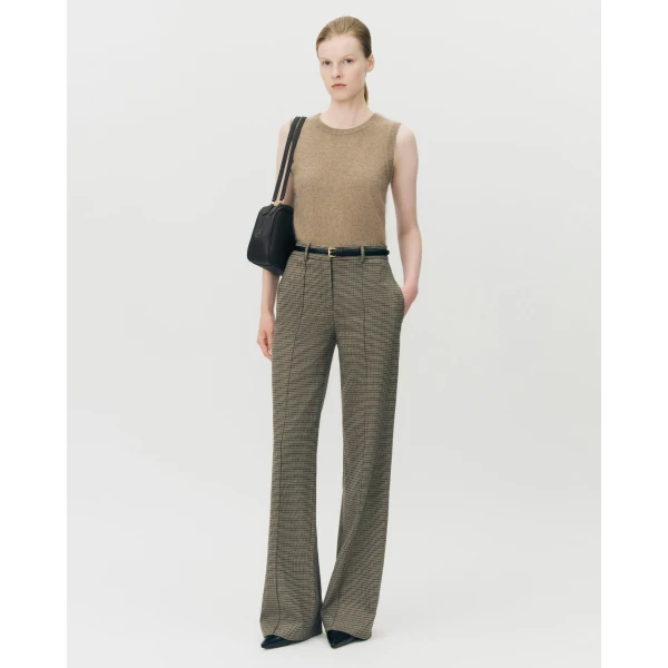 Adam Lippes Wyatt Pant in Houndstooth Plaid, Camel Brown