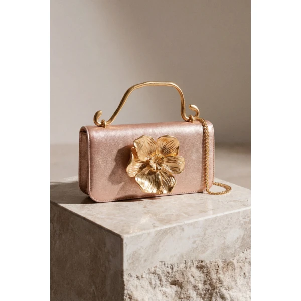 Aje Alessia Flower Clutch in Rose Gold Metallic | Clutch Bags | Luxury Shoes 
