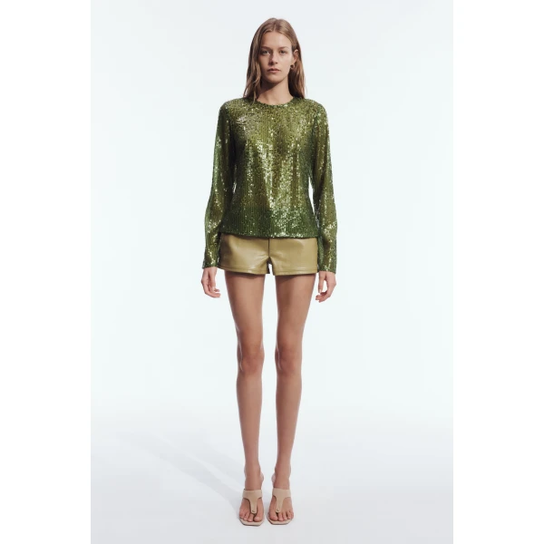 Aje Althira Long Sleeve Sequin Top in Avocado | Tops | Luxury Shoes 