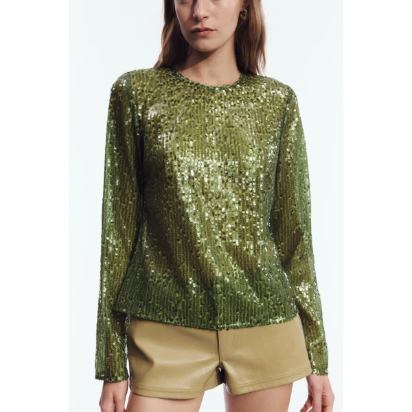 Aje Althira Long Sleeve Sequin Top in Avocado | Tops | Luxury Shoes 