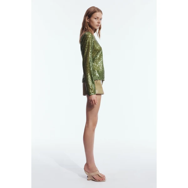 Aje Althira Long Sleeve Sequin Top in Avocado | Tops | Luxury Shoes 