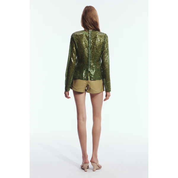 Aje Althira Long Sleeve Sequin Top in Avocado | Tops | Luxury Shoes 