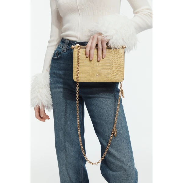 Aje Aviel Evening Bag in Golden Ochre Croc | Shoulder & Crossbody Bags | Luxury Shoes 