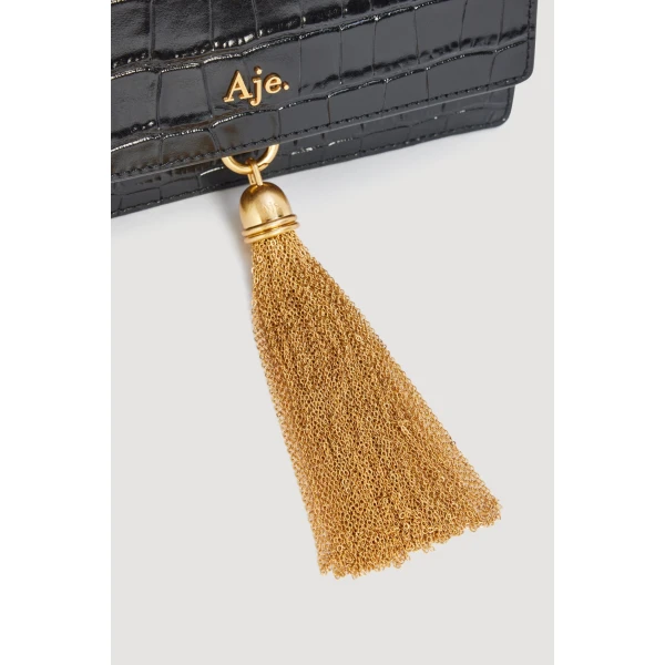 Aje Celia Croc Emboss Clutch in Black Croc | Clutch Bags | Luxury Shoes 