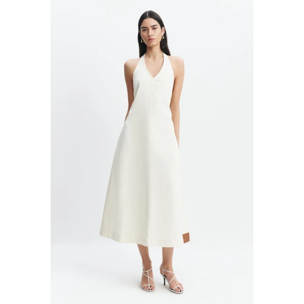 Aje Elsie Denim Halter Dress in Ecru Wash | Maxi Dresses | Luxury Shoes 