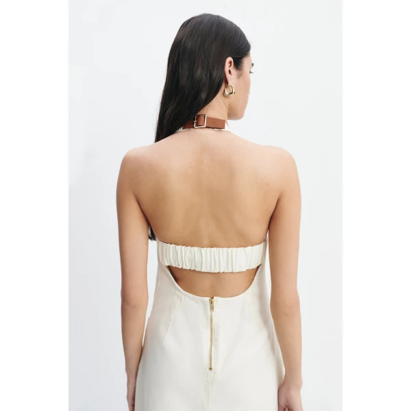 Aje Elsie Denim Halter Dress in Ecru Wash | Maxi Dresses | Luxury Shoes 