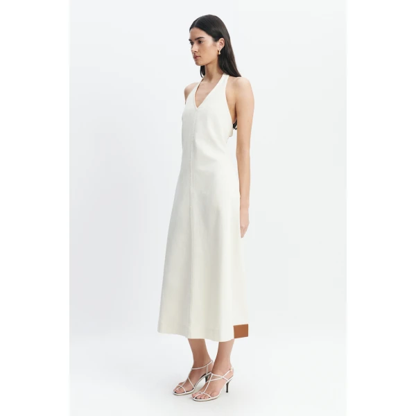 Aje Elsie Denim Halter Dress in Ecru Wash | Maxi Dresses | Luxury Shoes 