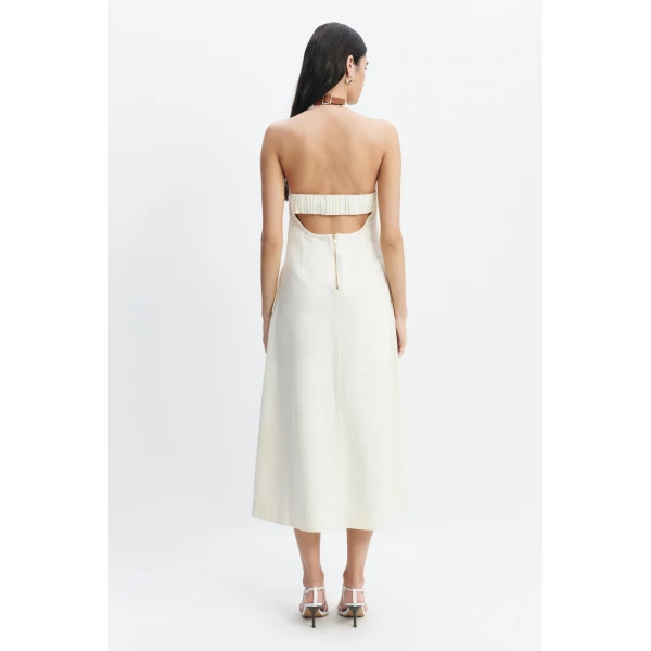 Aje Elsie Denim Halter Dress in Ecru Wash | Maxi Dresses | Luxury Shoes 