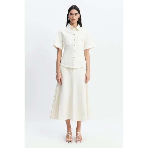 Aje Elsie Denim Midi Skirt in Ecru Wash | Skirts | Luxury Shoes 