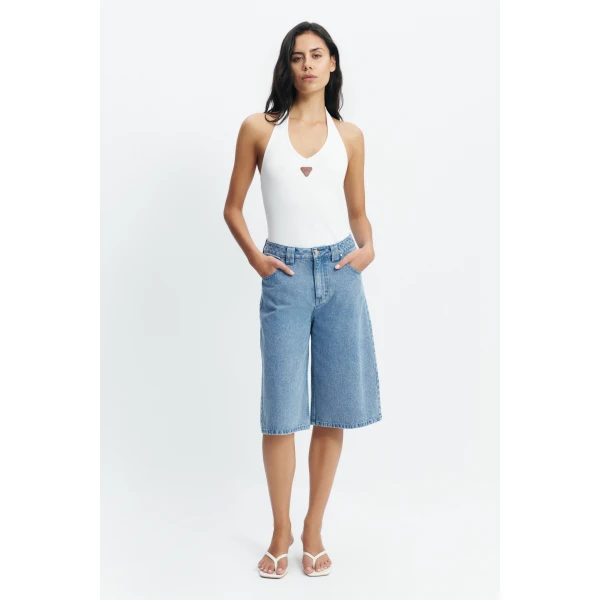 Aje Kendall Denim Jort in Light Wash | Tops | Luxury Shoes 