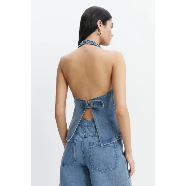 Aje Kendall Halter Top in Light Wash | Tops | Luxury Shoes 