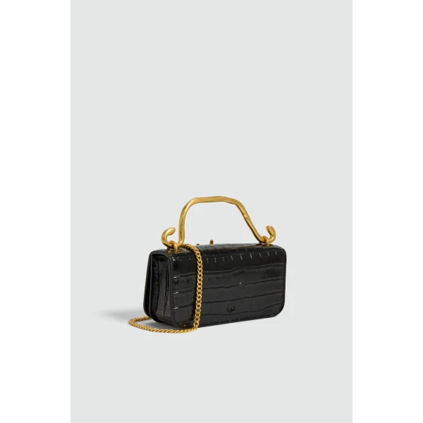 Aje Luna Mini Croc Emboss Clutch in Black Croc | Clutch Bags | Luxury Shoes 