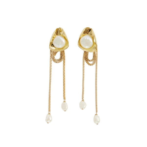 Aje Luneth Large Drop Stud in Gold/Pearl | Earrings | Luxury Shoes 