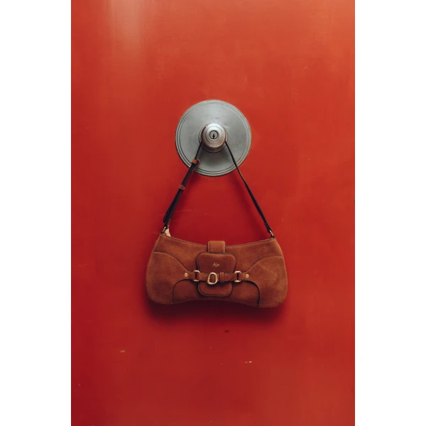 Aje Macy Suede Baguette Bag in Amber Brown Suede | Shoulder & Crossbody Bags | Luxury Shoes 