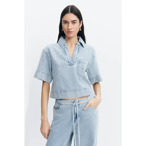 Aje Margot Denim Top in Bleach | Tops | Luxury Shoes 