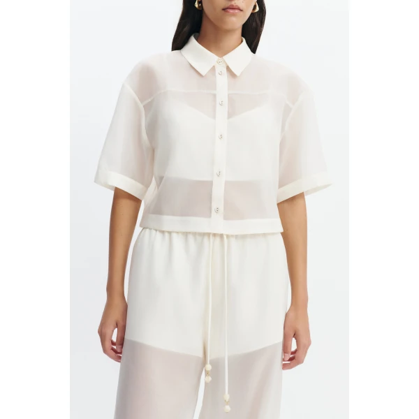 Aje Naia Cropped Shirt in Eggshell | Shirts | Luxury Shoes 