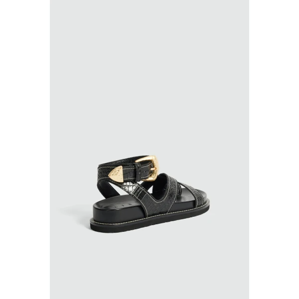 Aje Spencer Buckle Sandal in Black Croc | Sandals | Luxury Shoes 