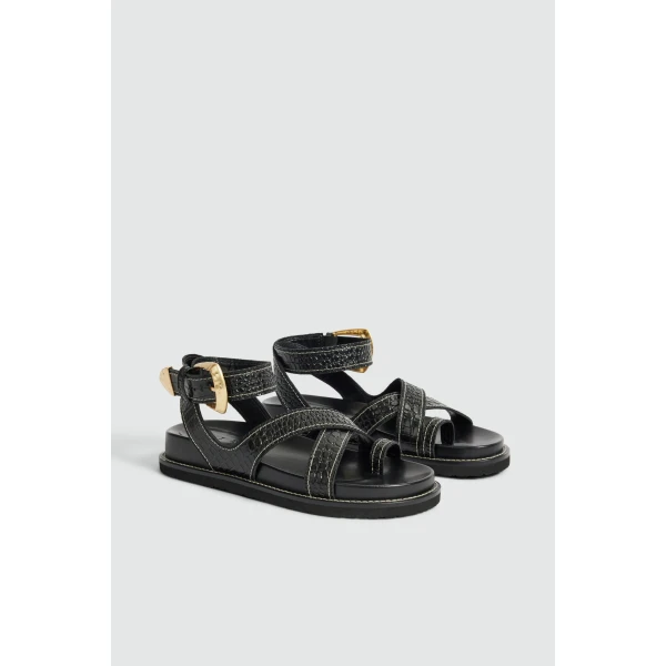 Aje Spencer Buckle Sandal in Black Croc | Sandals | Luxury Shoes 