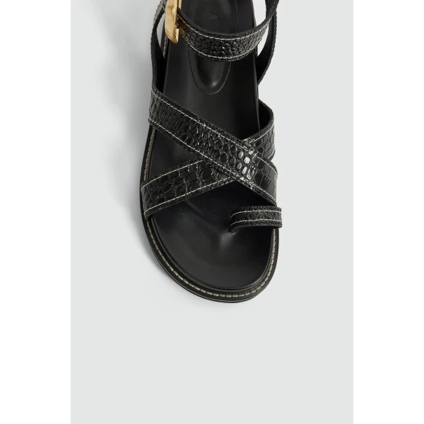 Aje Spencer Buckle Sandal in Black Croc | Sandals | Luxury Shoes 