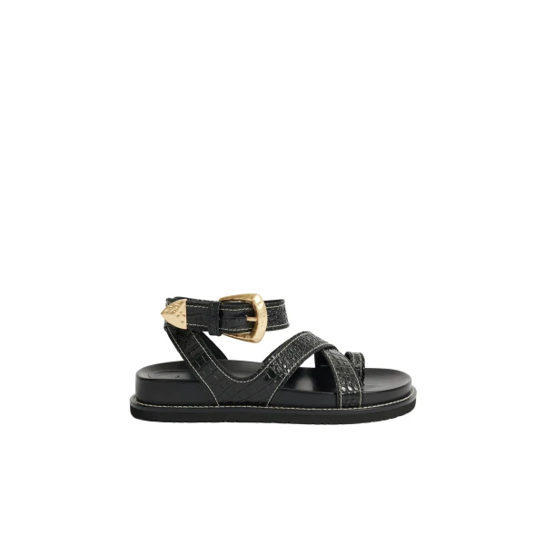 Aje Spencer Buckle Sandal in Black Croc | Sandals | Luxury Shoes 