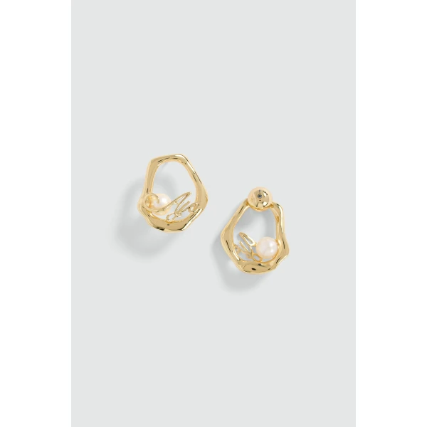 Aje Theadora Logo Stud in Gold/Pearl | Earrings | Luxury Shoes 