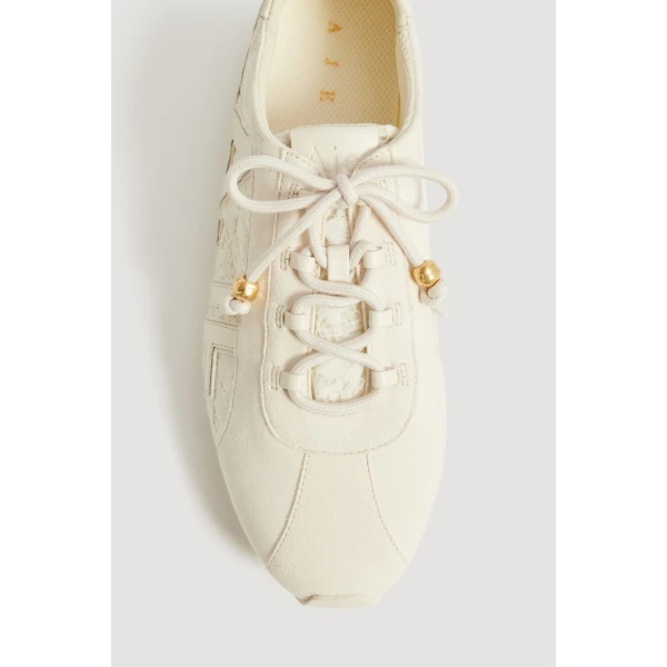 Aje Valli Lace Logo Trainer in Ivory Velvetine | Sneakers | Luxury Shoes 