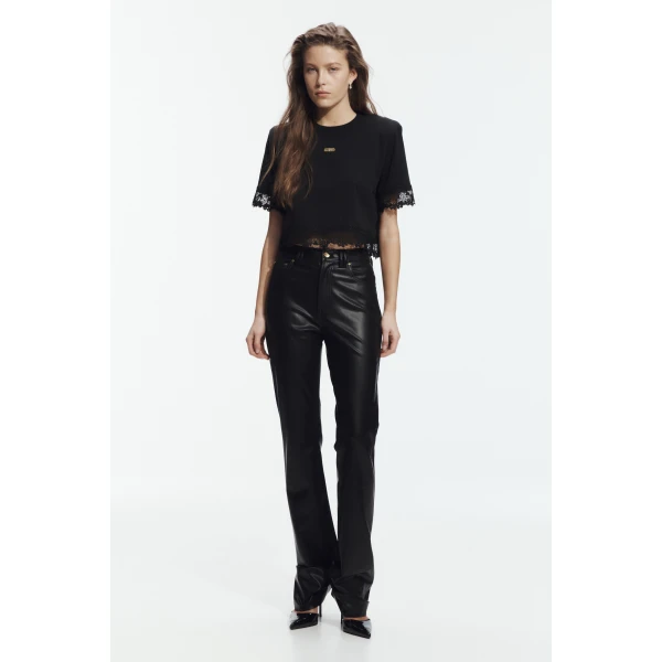 Aje Verity Lace Hem Cropped Tee in Black/Black | T-shirts | Luxury Shoes 
