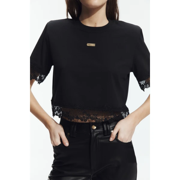 Aje Verity Lace Hem Cropped Tee in Black/Black | T-shirts | Luxury Shoes 
