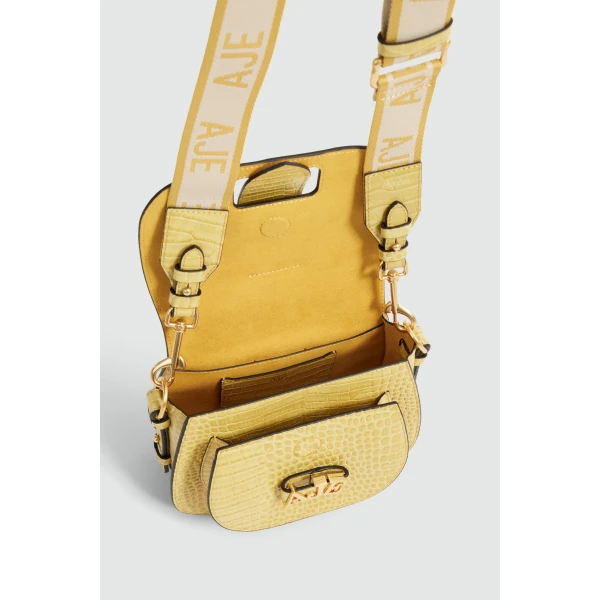 Aje Viva Croc Emboss Saddle Bag in Golden Ochre Croc | Shoulder & Crossbody Bags | Luxury Shoes 
