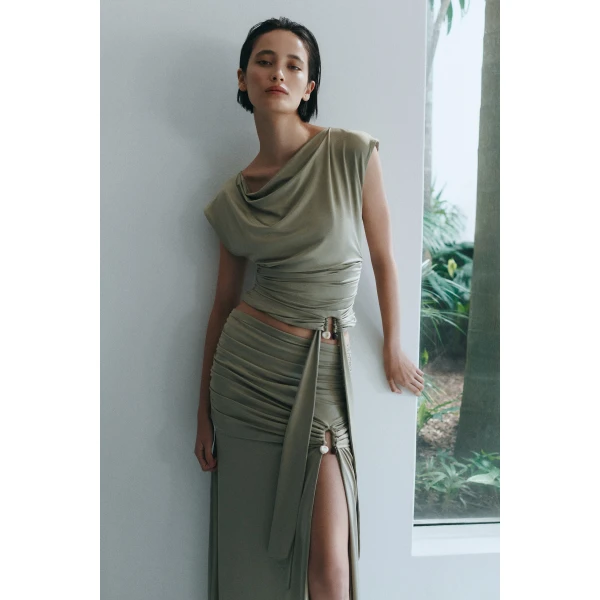 Aje Willow Asymmetric Top in Pale Olive | Tops | Luxury Shoes 