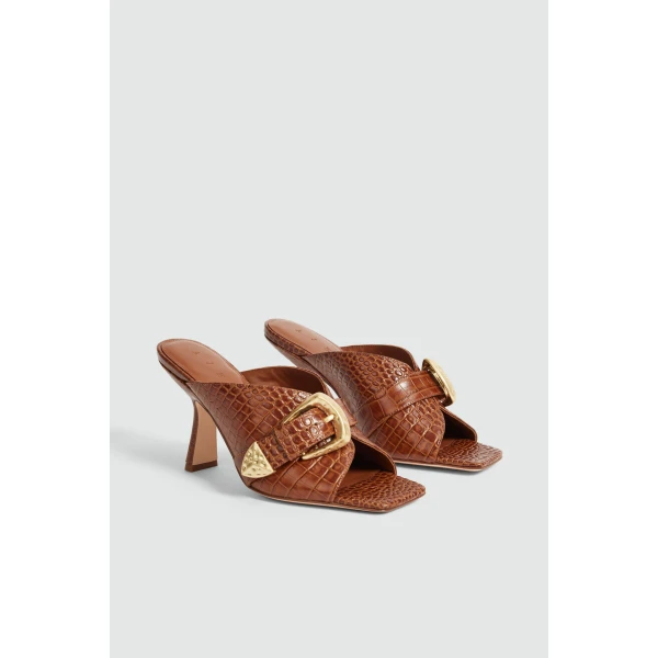 Aje Zanthe Open Toe Heel Mule in Amber Croc | Heels | Luxury Shoes 