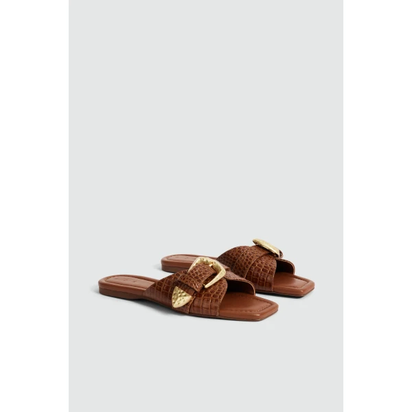 Aje Zanthe Slide in Amber Croc | Flip Flops & Slides | Luxury Shoes 