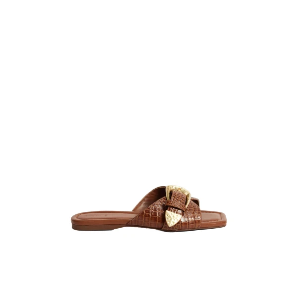 Aje Zanthe Slide in Amber Croc | Flip Flops & Slides | Luxury Shoes 