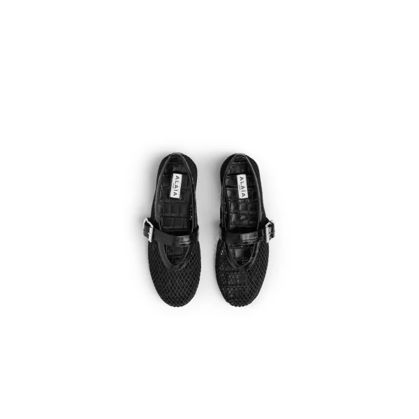 Alaia Ballet Flats in Fishnet and Crocodile Embossed Calfskin, Black | Flats | Luxury Shoes 