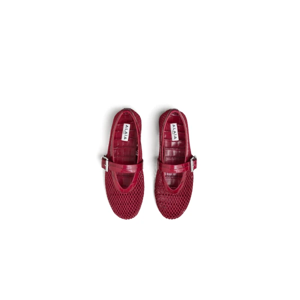Alaia Ballet Flats in Fishnet and Crocodile Embossed Calfskin, Cherry | Flats | Luxury Shoes 