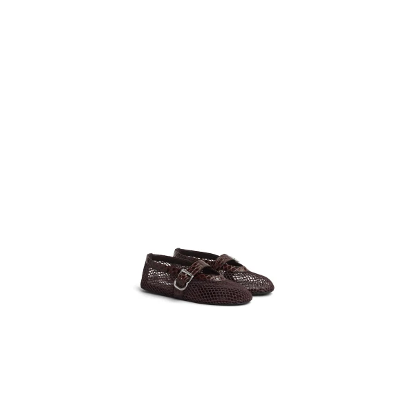 Alaia Ballet Flats in Fishnet and Crocodile Embossed Calfskin, Dark Brown | Flats | Luxury Shoes 