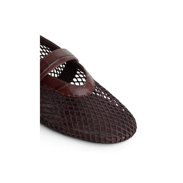 Alaia Ballet Flats in Fishnet and Crocodile Embossed Calfskin, Dark Brown | Flats | Luxury Shoes 