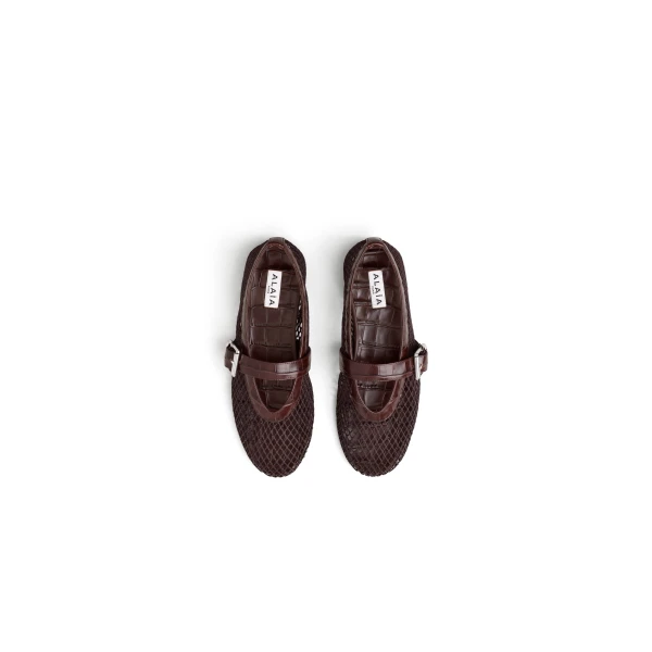 Alaia Ballet Flats in Fishnet and Crocodile Embossed Calfskin, Dark Brown | Flats | Luxury Shoes 