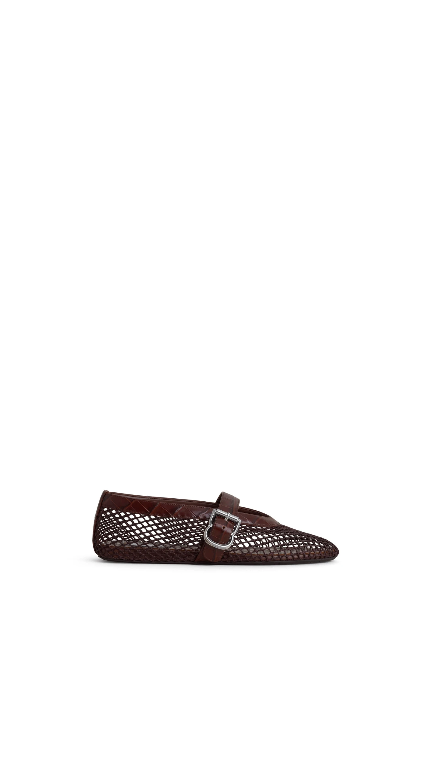 Alaia Ballet Flats in Fishnet and Crocodile Embossed Calfskin, Dark Brown Alaia Ballet Flats in Fishnet and Crocodile Embossed Calfskin, Dark Brown | Flats | Luxury Shoes