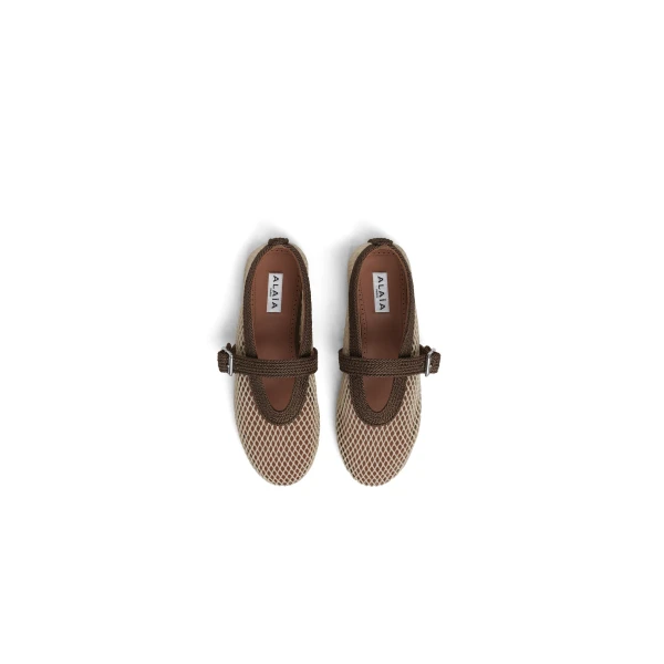 Alaia Ballet Flats in Fishnet and Satin Cord, Khaki | Flats | Luxury Shoes 