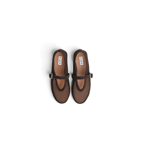 Alaia Ballet Flats in Fishnet and Suede, Dark Brown | Flats | Luxury Shoes 