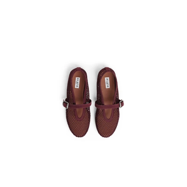 Alaia Ballet Flats in Fishnet and Suede, Garnet Red | Flats | Luxury Shoes 