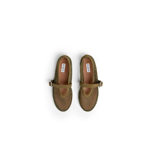 Alaia Ballet Flats in Fishnet and Suede, Khaki | Flats | Luxury Shoes 