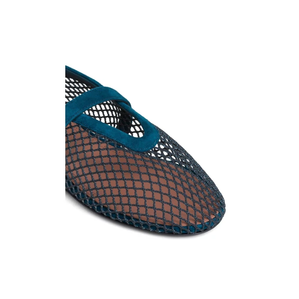 Alaia Ballet Flats in Fishnet and Suede, Peacock Blue | Flats | Luxury Shoes 