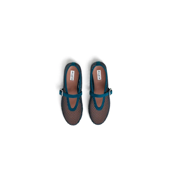 Alaia Ballet Flats in Fishnet and Suede, Peacock Blue | Flats | Luxury Shoes 