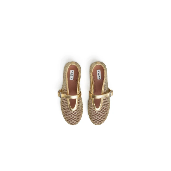 Alaia Ballet Flats in Laminated Fishnet, Platinum | Flats | Luxury Shoes 