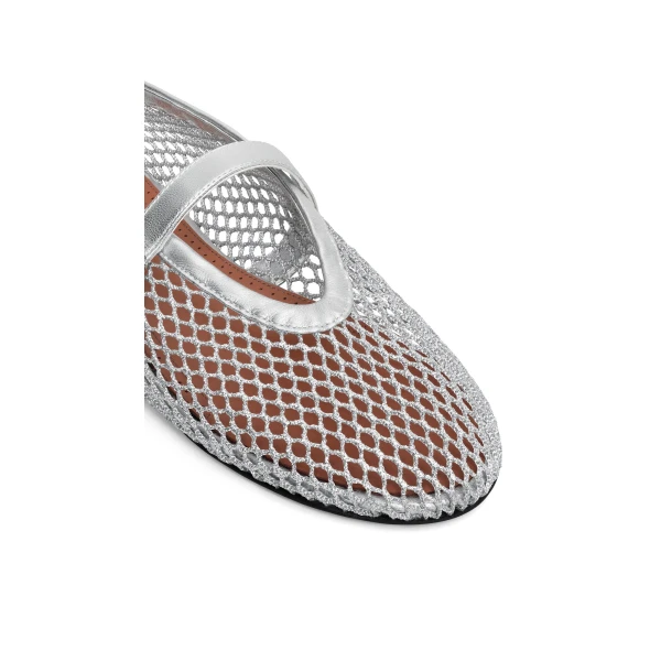 Alaia Ballet Flats in Laminated Fishnet, Silver | Flats | Luxury Shoes 