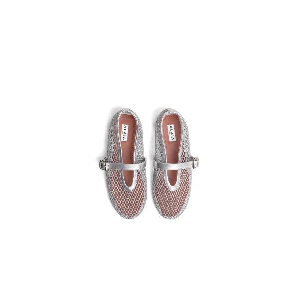 Alaia Ballet Flats in Laminated Fishnet, Silver | Flats | Luxury Shoes 