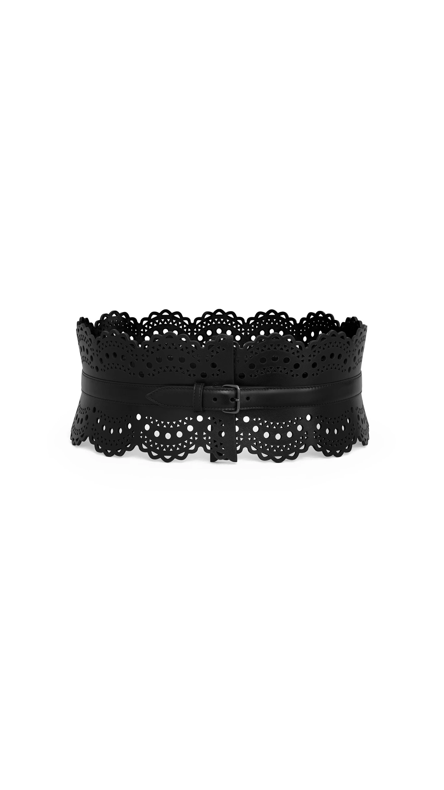 Alaia Bustier Belt in Perforated Vienne Calfskin, Black Alaia Bustier Belt in Perforated Vienne Calfskin, Black | Belts | Luxury Shoes